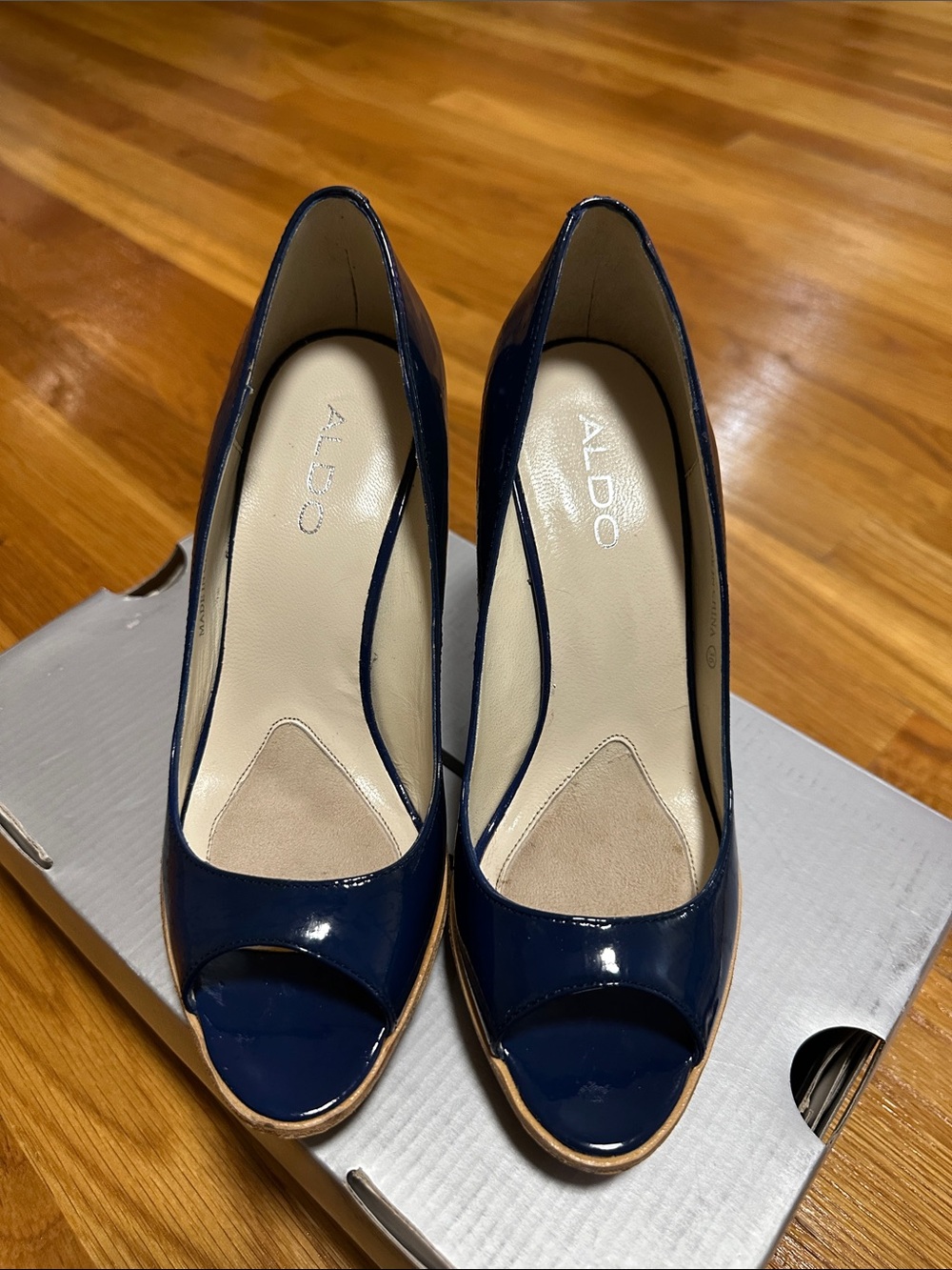 ALDO Navy Patent Peep-Toe Pumps